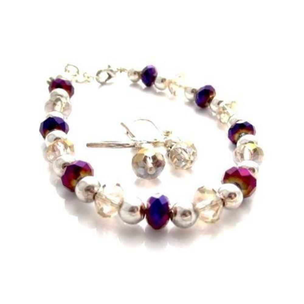 Pretty Aurora Borealis Purple & Smoky Glass Crystal Bracelet Earring Set